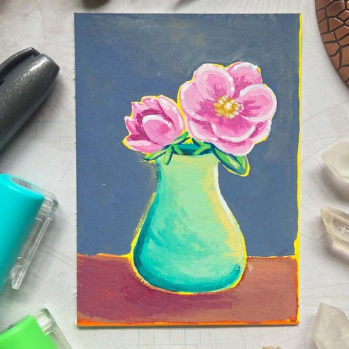 ACEO Pink Flower Still Life Green Vase Floral Acrylic Painting Ariel West