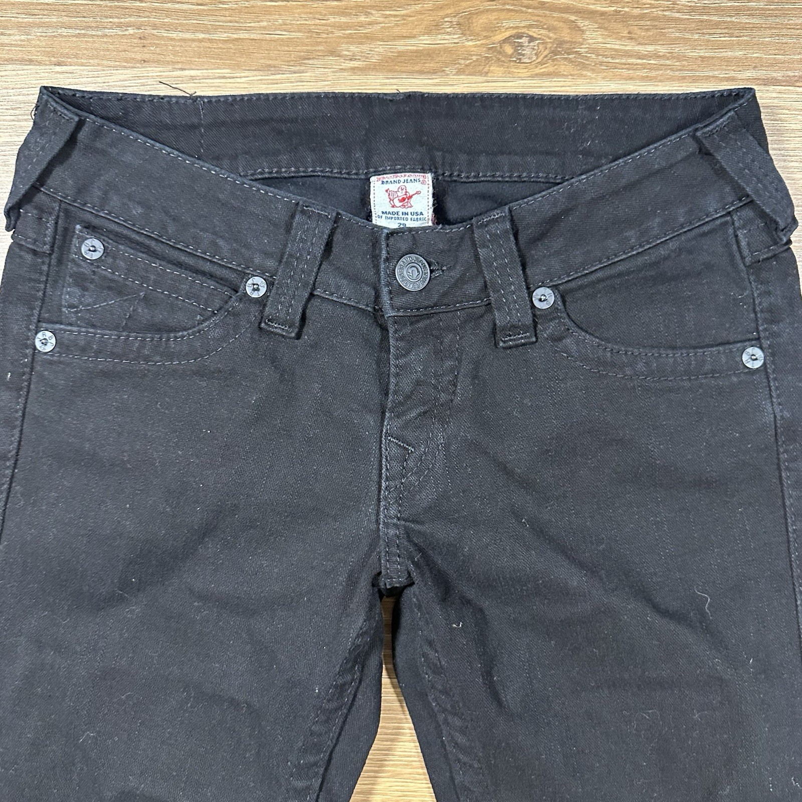 True Religion Billy Jeans Women’s 29 Black Straight Leg Flap Pockets Moto thumbnail 4