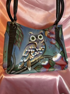 Anna Anuschka Hand-Painted Leather Satchel Shoulder Bag Midnight Owl Floral