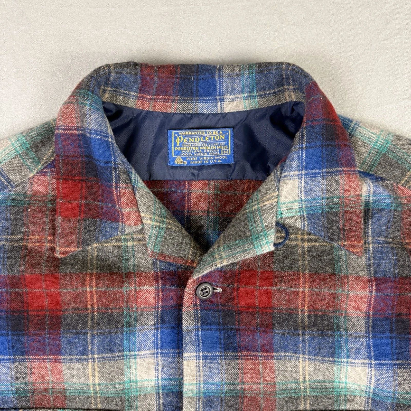 Vintage 60s Pendleton Wool Board Shirt Mens Medium Red Plaid Loop Collar