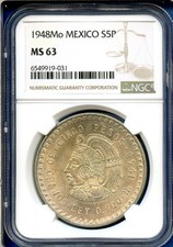 1948 Mo Mexico NGC MS63 Silver 5 Pesos S5P Cinco Pesos Cuauhtemoc MS-63
