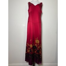 Adrianna Papell VTG Red Silk Satin Beaded Floral Maxi Dress 14 Evening Formal