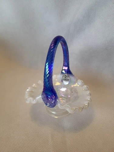 Fenton White Iridescent Glass Mini Basket With Cobalt Blue Iridescent Handle
