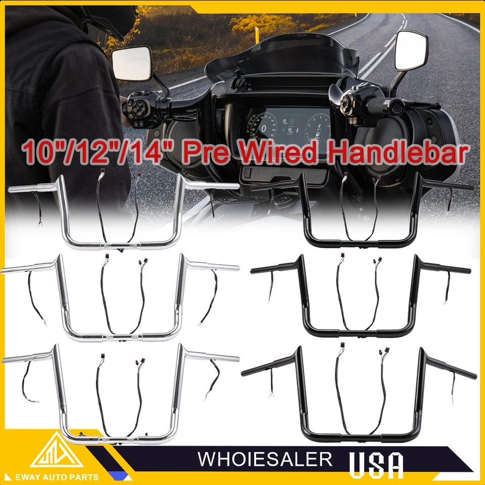 Manillar Meathook de elevación 1-1/4" precableado 10" 12" 14" para Harley Touring 14-2025 Foto 2 de 4