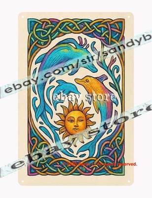 Celtic Sun Dolphin Tin Sign Ocean Spirit Wall Art 3D effect