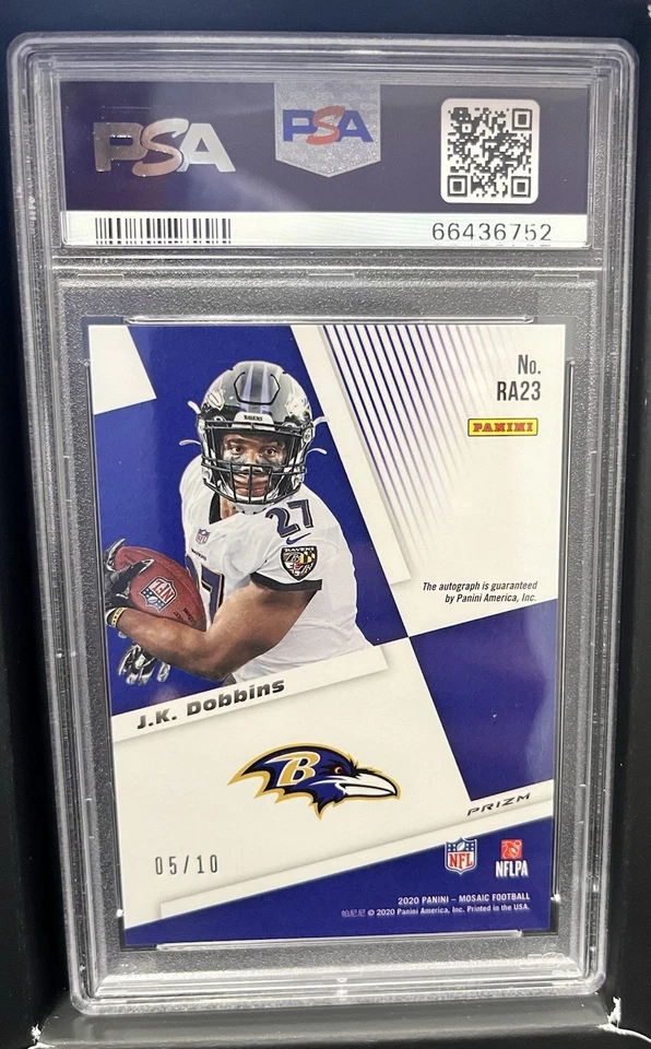 2020 Panini Mosaic J.K. Dobbins Rookie Auto Mosaic-Gold 05/10 Gem Mint 10 - Image 2 of 2