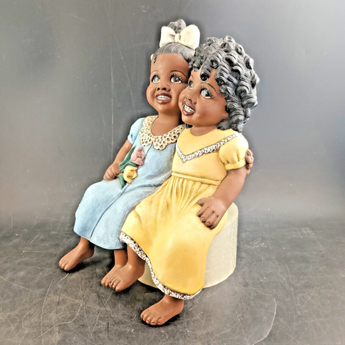 Ceramic Folk Art Shelf Sitter 2 Girls Friends On Bench African American 9.75" - Picture 2 of 8