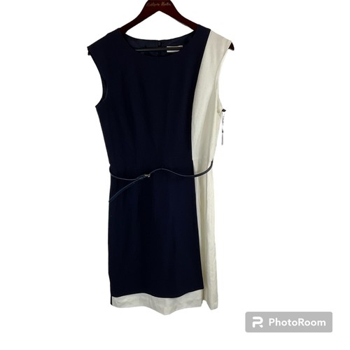 New Calvin Klein Womens Size 8 Navy Blue White Dress Sleeveless Sheath Lined N2