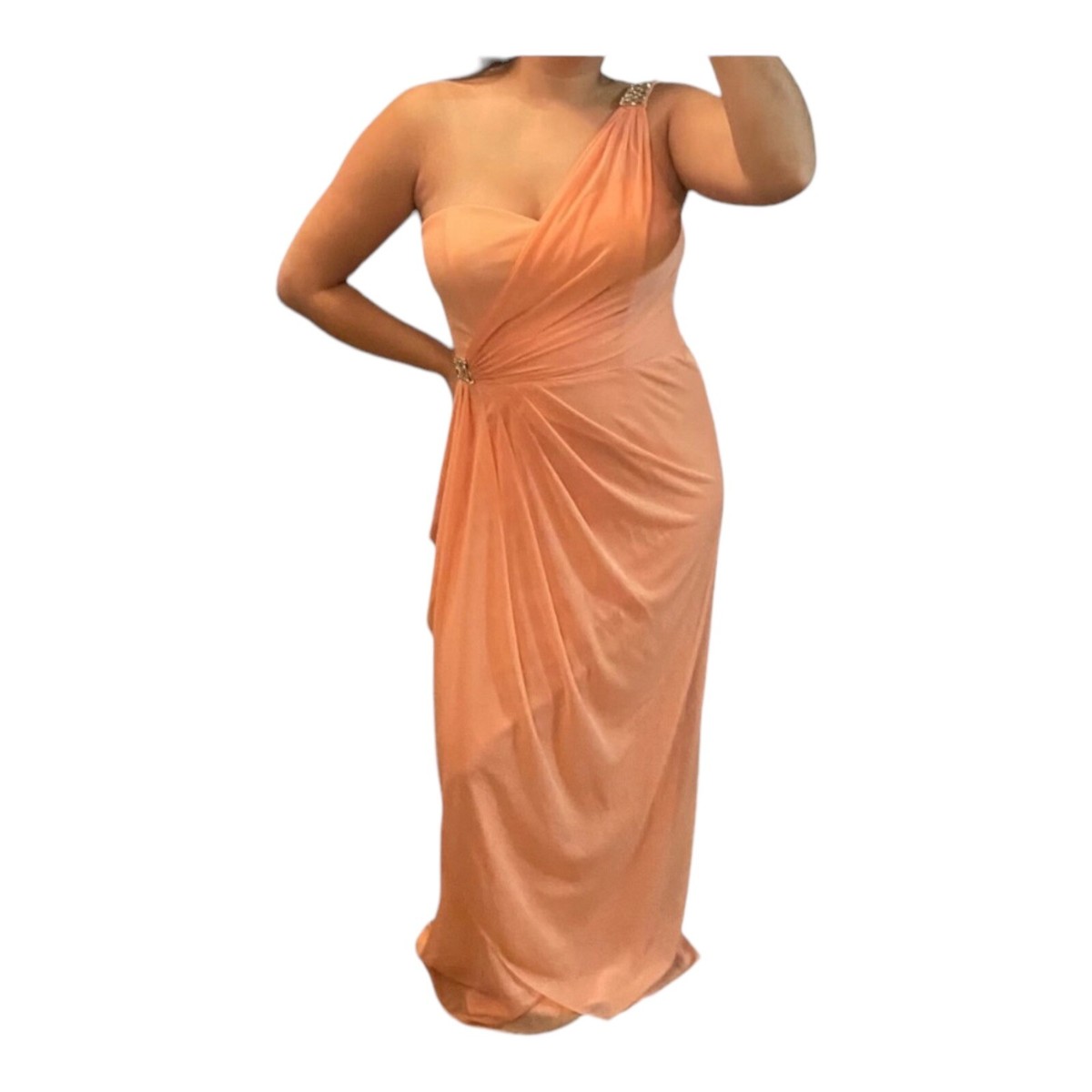 xscape orange dress Xscape Peachy Orange One Shoulder Strap Emebellished Rhinstones Long Gown  Dress