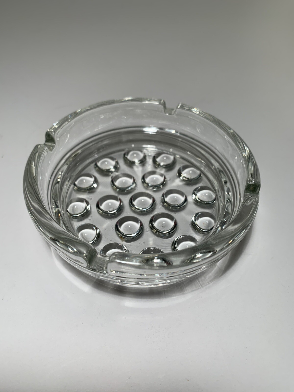 Vintage Round Ashtray Glass Hobnail Design Bottom Four Inch Diameter Four Slot