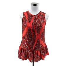 Banana Republic Women's Sleeveless Blouse XS Red Paisley Ruffle Hem Pleated Top