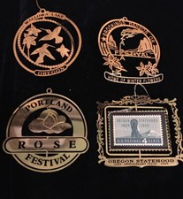 Oregons Holiday Christmas Brass Ornaments Souvenir Lot Of 4
