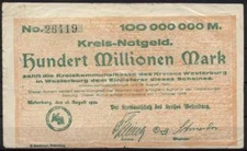 [12980] - EMERGENCY MONEY WESTERBURG, district, 100 million Mk, 16.08.1923. Keller 5579b, Bra