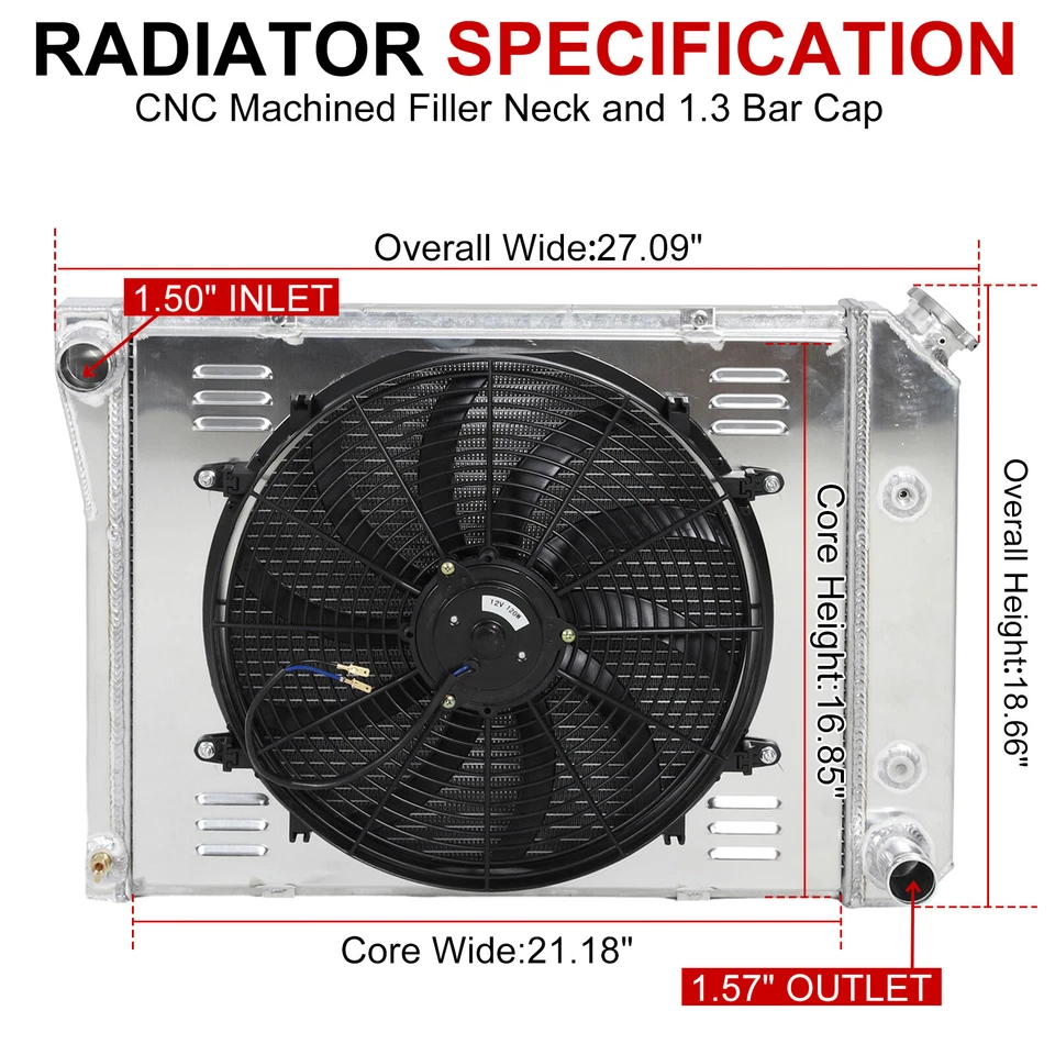 For 68-74 Chevy Nova 70-81 Camaro 75-87 El Camino 3Row Radiator+Shroud Fan+Relay - Imagem 2 de 4