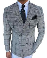 Designer Double Breasted Blazer Black White Checked Golden Buttons Slim