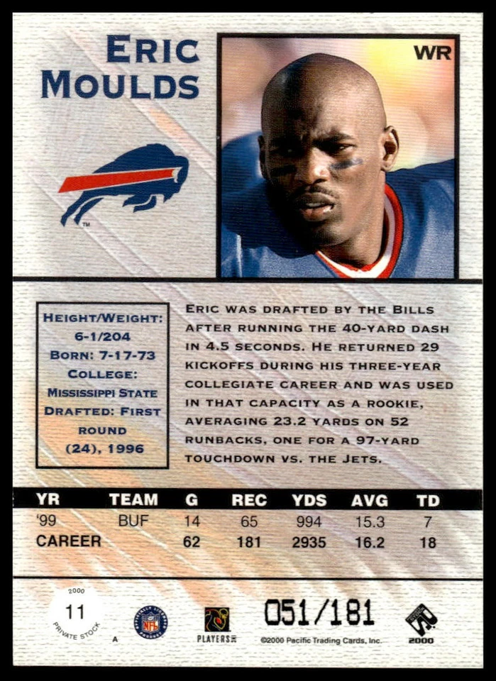2000 Pacific Private Stock #11 Eric Moulds Gold #/181 - Image 2 of 2