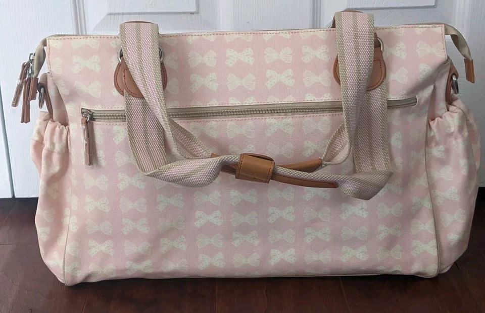 NWOT Pink Lining Brand Twins Bag Diaper Bag W/Accessories Cream Bows on Pink New - image 4 of 4