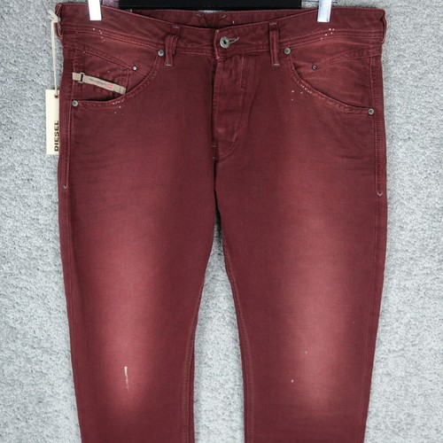 DIESEL BELTHER 0818V HERRENJEANS W34 L34 KONISCH ROT BURGUND LEINENFARBE BRANDNEU MIT ETIKETT