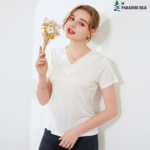 Natural Silk Women's T-shirt  V-neck Short-sleeved Overlapped Collar Solid Color - Bild 11 von 11