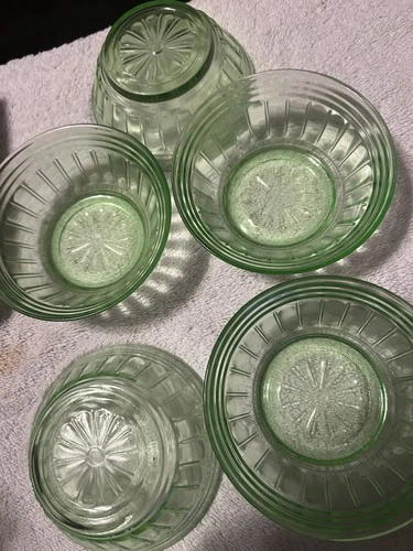 (5) Hazel New Century Uranium Green Depression Glass 4 1/2" Bowls / MINT / UV ++