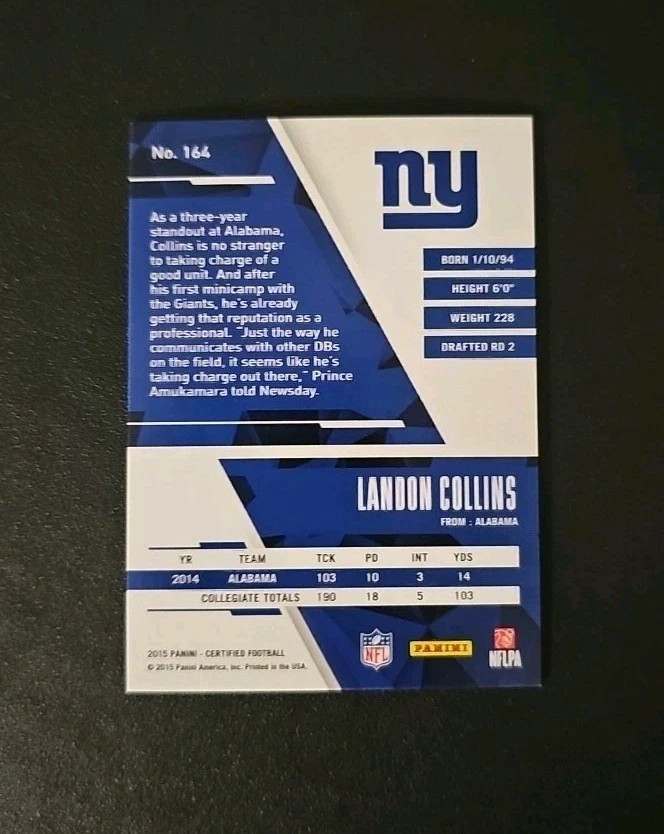 2015 Certified #164 Landon Collins RC #'d 475/999 - Image 2 of 2