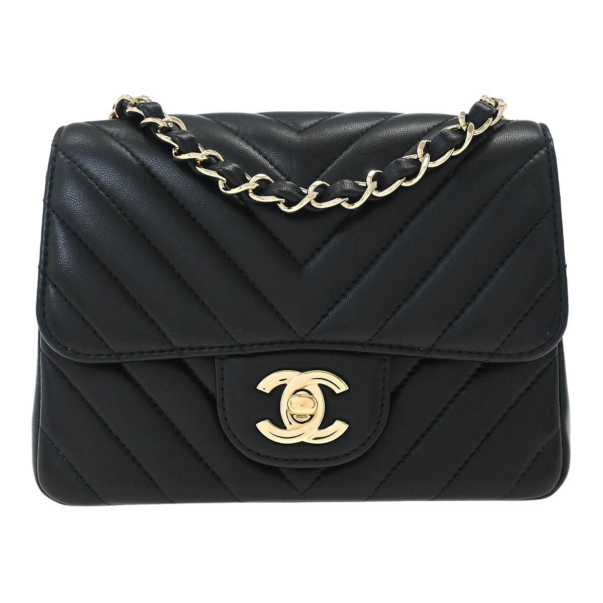 Chanel Black Lambskin Chevron Mini Classic Square Flap Shoulder