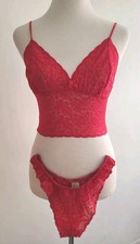 Vtg Sz L Red Lace 80's USA Y2K Nylon Empire Intimates Bra Hi Cut Panty Set NOS