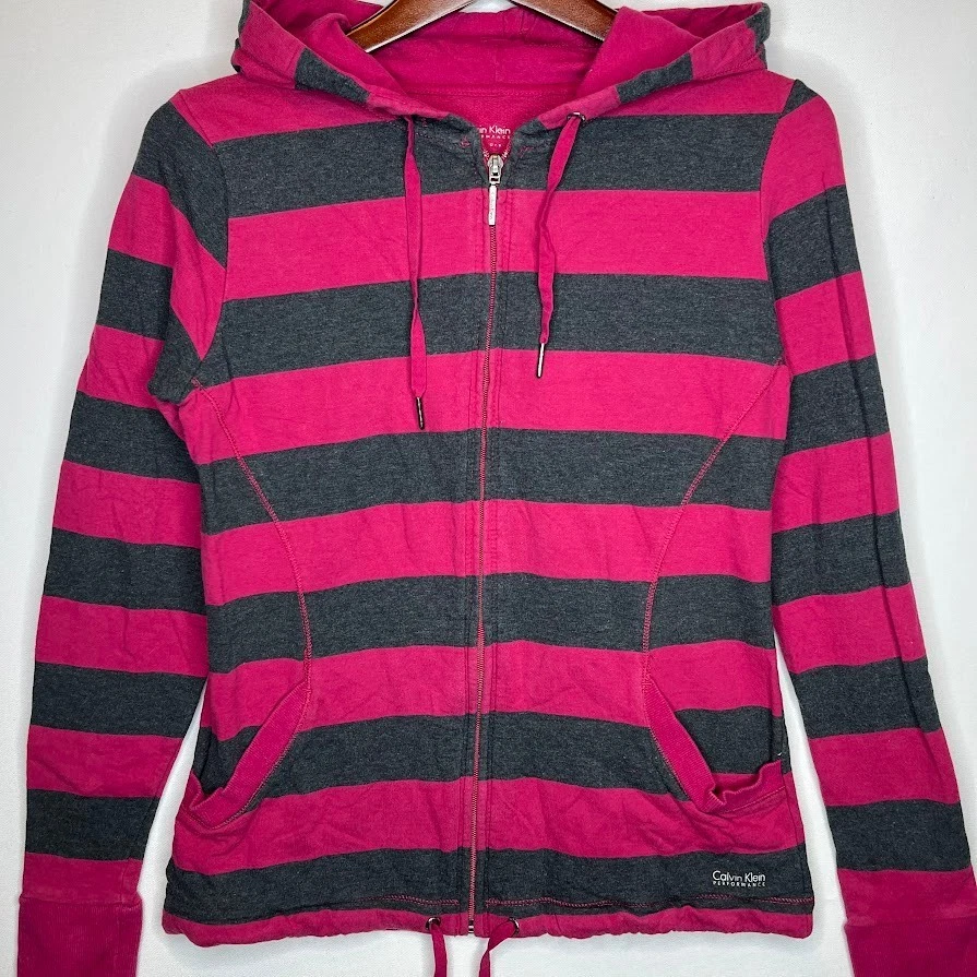 Calvin Klein Performance Zip Hoodie Pink Gray Striped Women’s M - Image 2 of 4