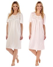 Slenderella Satin Nuisette 102cm Brodé Bordure Manche Courte Nuit UK Fabriqué