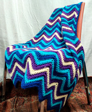 Vintage Afghan Crochet Chevron Ripple 36"x64" Handmade Throw Blanket Purple Blue