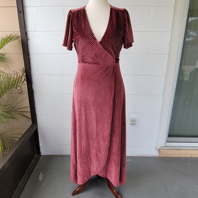 Baltic Born Andi Ribbed Velvet Wrap Maxi Dress Women's Size L Dark Rose