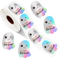 500 Pcs Halloween Stickers Roll Holographic Seal Stickers Ghost Boo Iridescent