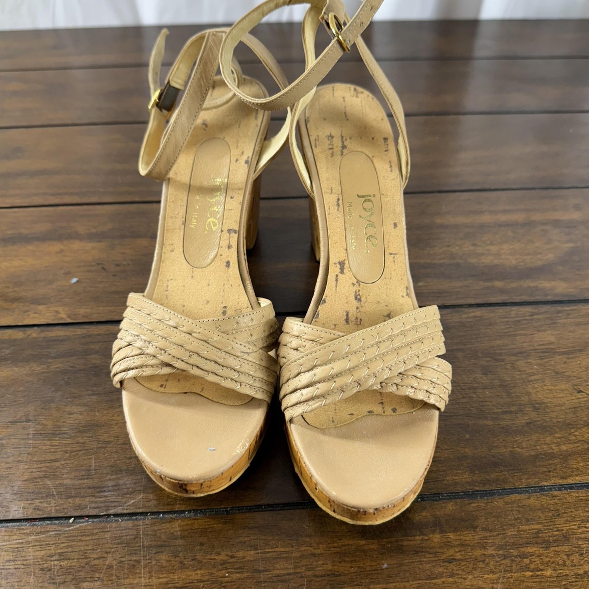 Joyce Shoes Womens Size Tan Cork Heel Sandals Strappy Ankle