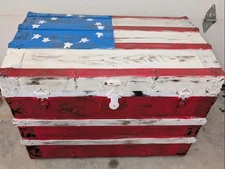 Refinished Pine Steamer Trunk - Betsy Ross American Flag 36.5" X 22.5" X 26"