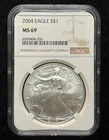 NGC MS 69 2004 American Silver Eagle One Dollar S$1 Coin - 332