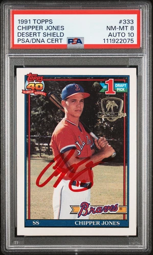 CHIPPER JONES 1991 Topps Desert Shield RED INK ROOKIE AUTO #333 PSA 8 DNA 10