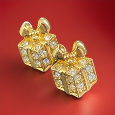 Vtg Avon Present Gift Box Pierced Stud Earrings Gold-Tone Rhinestones Christmas