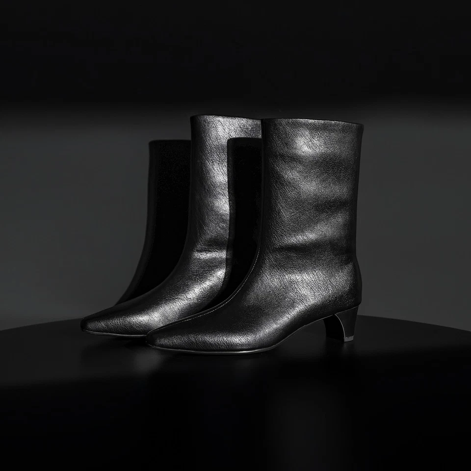 Botas francesas para mujer de cuero genuino a media pantorrilla retro tacón grueso botas de moda talla Foto 3 de 4