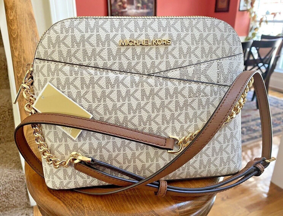 Michael Kors Jet Set Travel Medium Dome Crossbody Bag Pvc Logo Signature  Vanilla