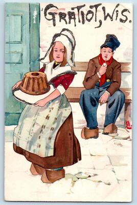 #ad Gratiot Wisconsin WI Postcard Dutch Kids Dutch Boy Sitting Scene c1910#x27;s Antique $17.52