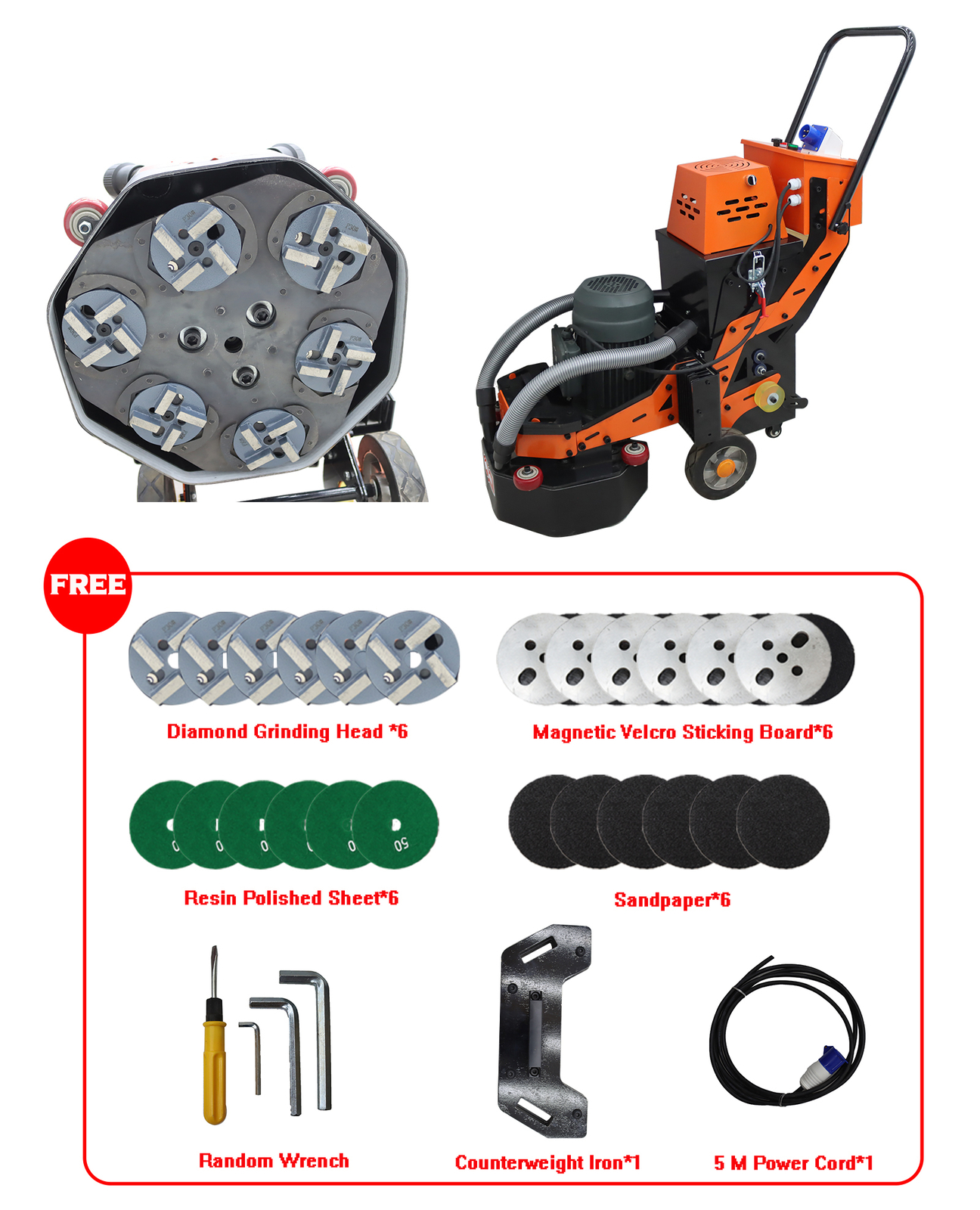 220V Concrete Floor Grinder Polishing Machine w/ 30L Dust Bucket 6 Grinding Head