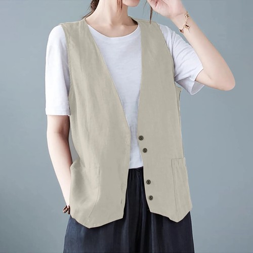 Women'S Linen Vests Spring Summer Button Down V Neck Waistcoat Jackets Vests - Picture 11 of 29