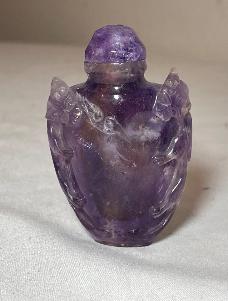 Antiguo frasco chino tallado a mano piedra amatista botella tabaco escultura baratija Foto 2 de 4