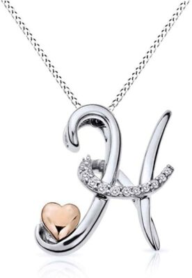 Natural Diamond H'' Initial & Heart Pendant Two Tone  White Gold Plated