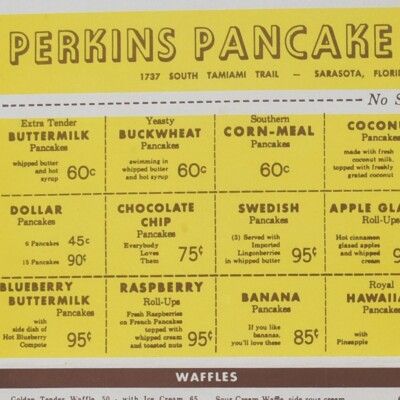 #ad 1950s Perkins Pancake House Restaurant Menu South Tamiami Trail Sarasota Florida $82.25