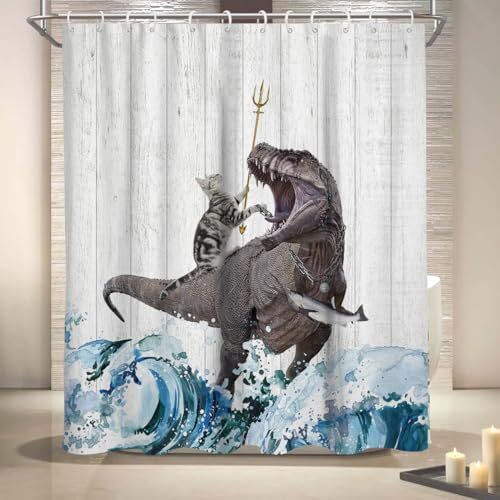 Funny Cat Shower Curtain Dinosaur Kids Fun Cool Boys 60"W x 72"L (Pack of 1) - Picture 5 of 6