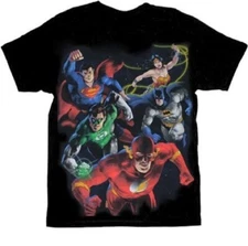 Adult Mens Black DC Comics Painted Justice League Super Heroes Group T-shirt Tee