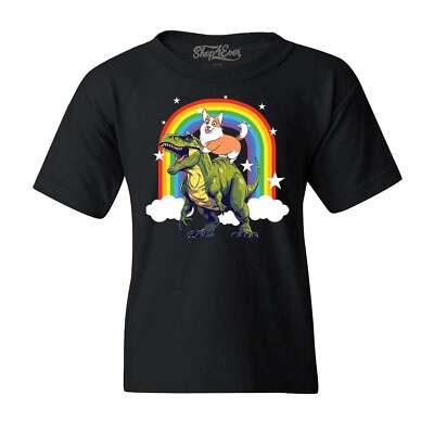 Corgi Riding Dinosaur Funny Rainbow Kids T-Shirt Pet Dog Lover Youth Kid Shirts