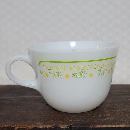 Vintage PYREX Sunshine Floral Green & Yellow Flowers Milk Glass Flat Cup Mug (1)