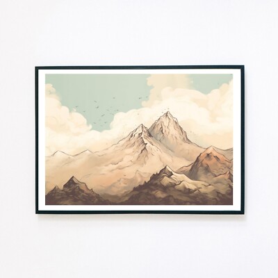 Berge Landschaft Himmel Wolken Illustration A5 Vintage Wanddeko Kunstdruck 